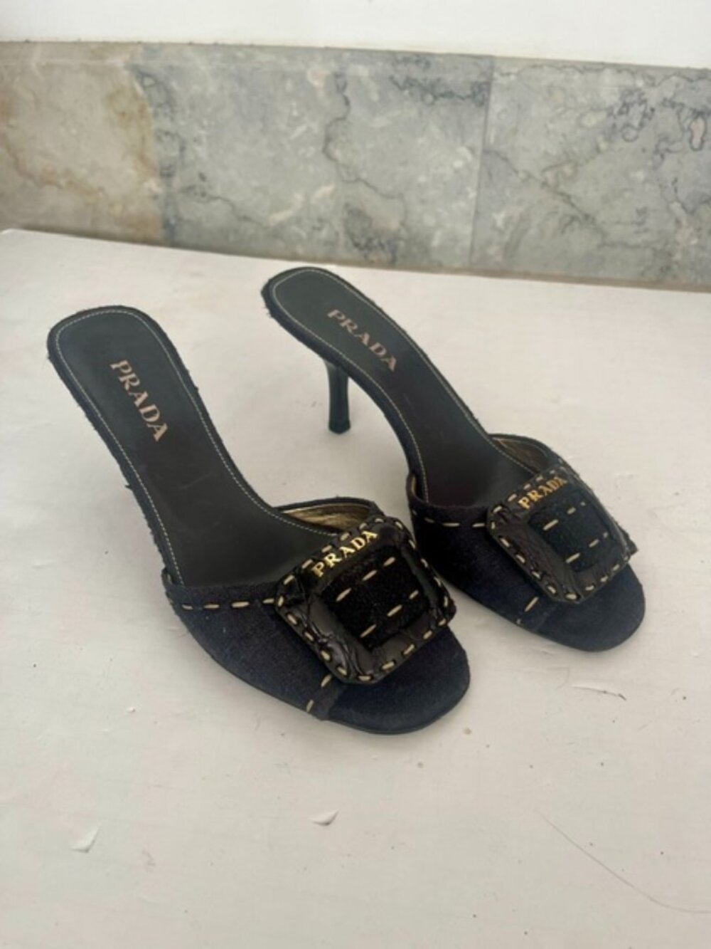 PRADA Black Buckle Kitten Heel Slide Mules Sandals Women's Size 36.5